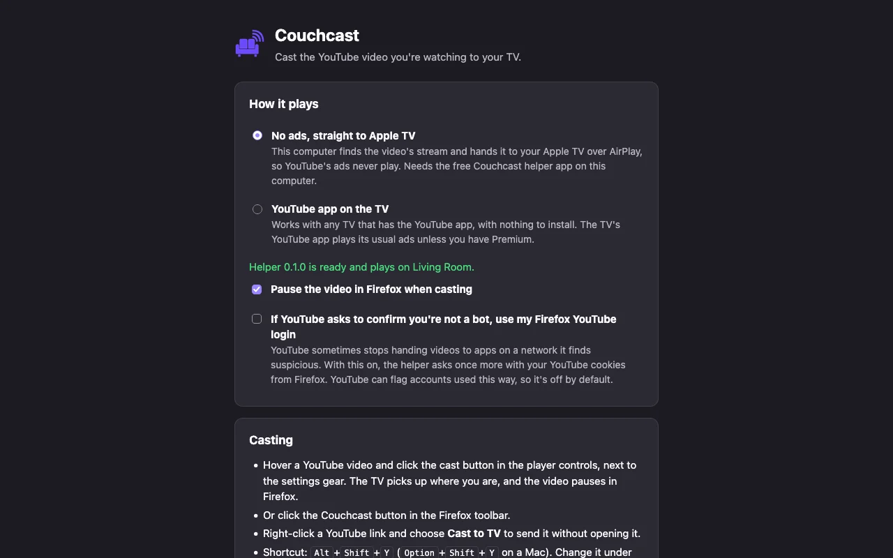 Couchcast settings: pick no ads straight to Apple TV, or the YouTube app on the TV