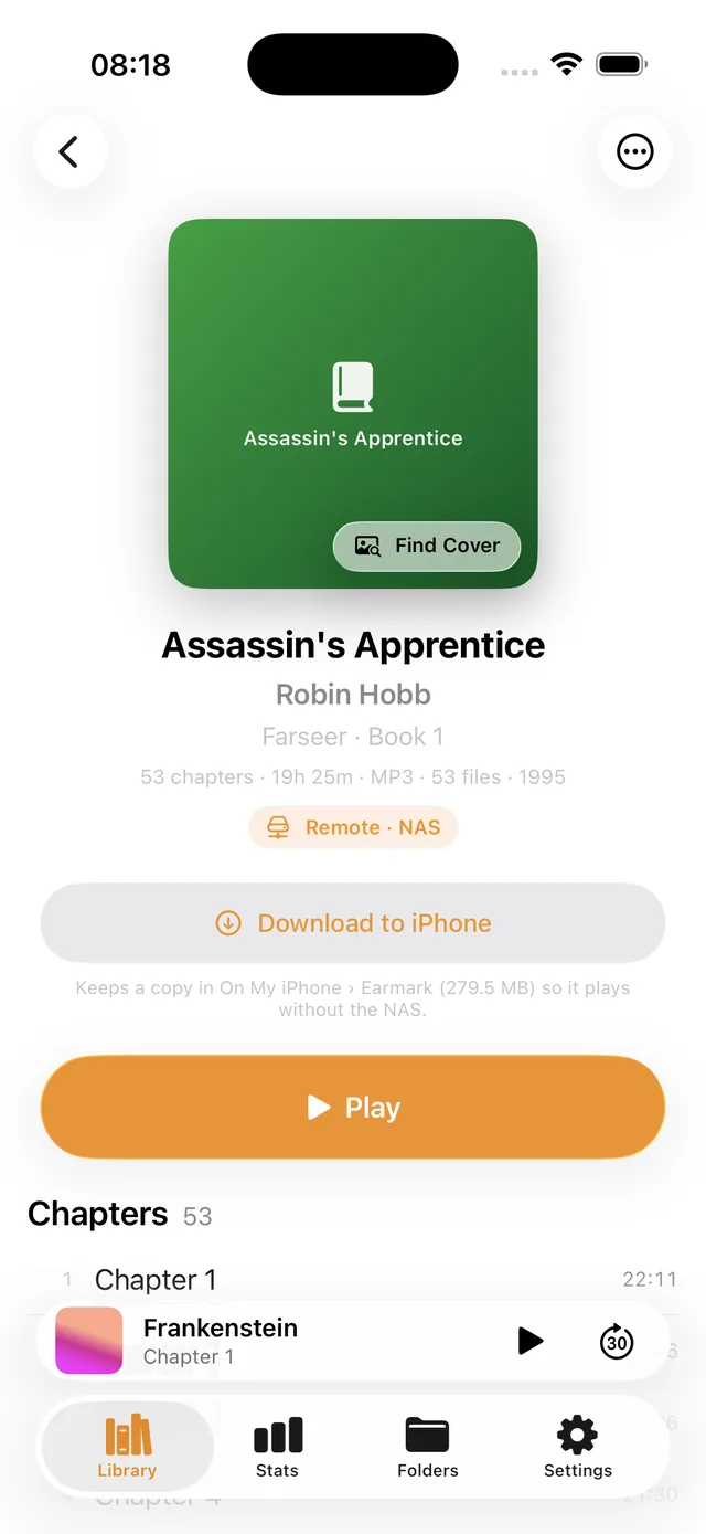 Book page: series, chapters, remote badge, find cover