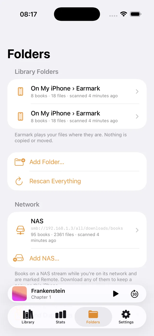Folders: on-device, NAS streaming, mirror and sync