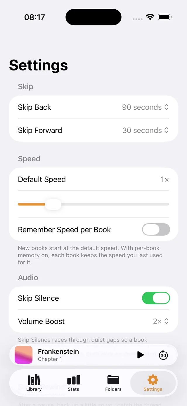 Settings: skip silence, volume boost, skips, and speed