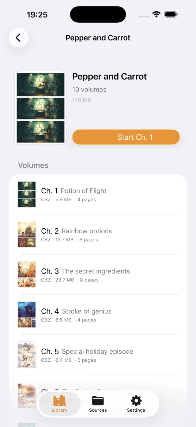Series detail: every chapter in reading order with a Continue button