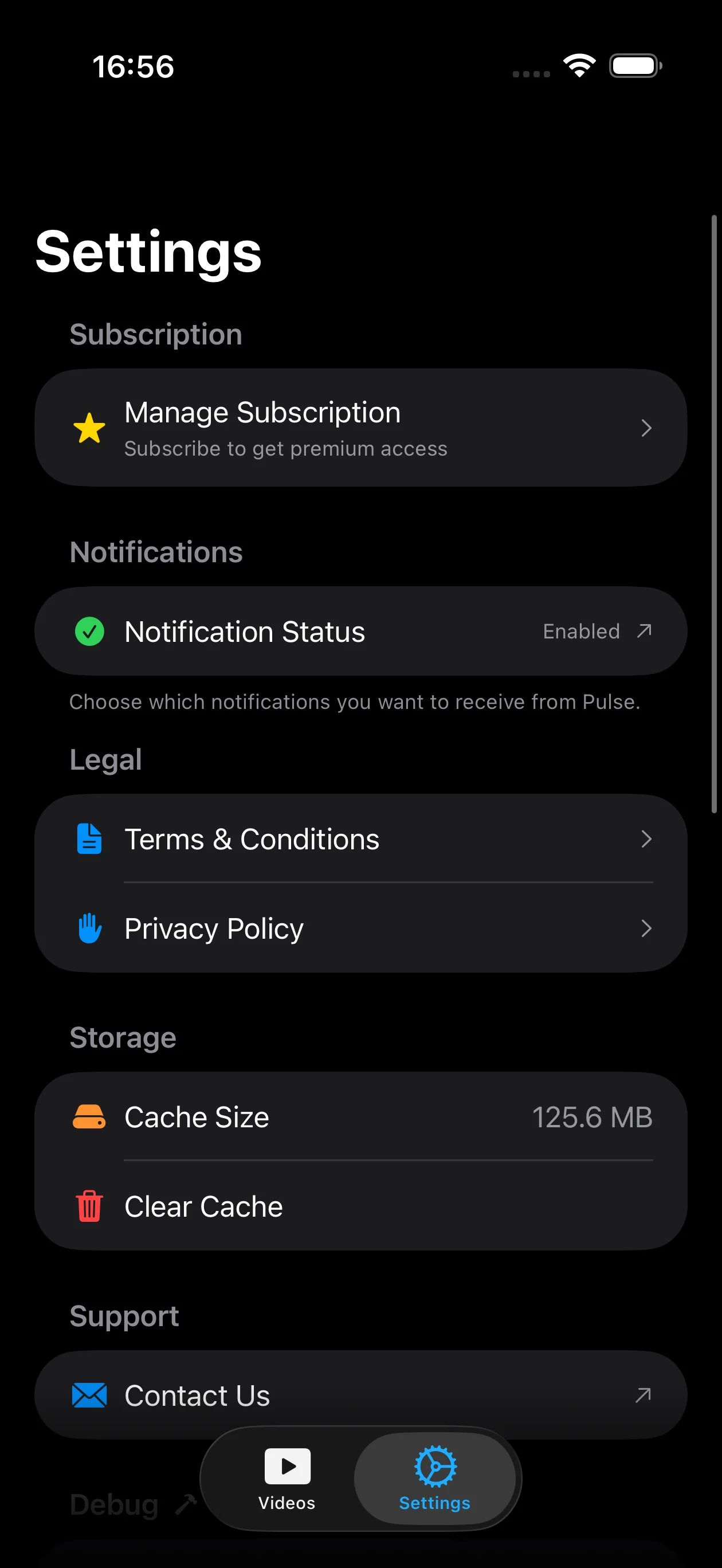 Pulse Reels — Settings with subscription and notifications