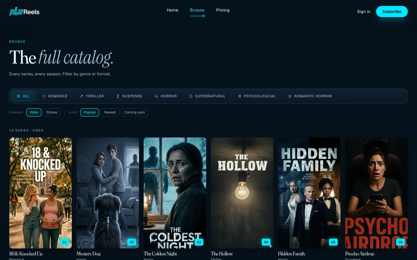 pulsereels.app — Full catalog with genre filters and format toggle