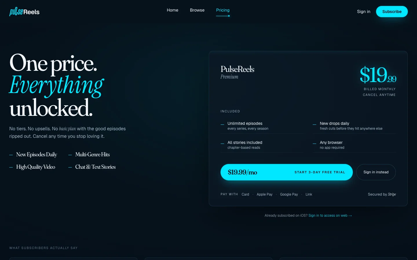 pulsereels.app — Single-tier subscription with 3-day free trial and Stripe checkout