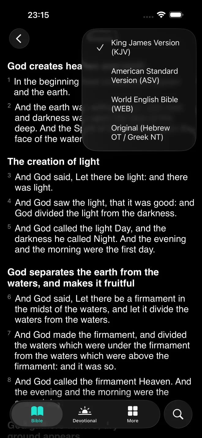 SwiftBible translations screen