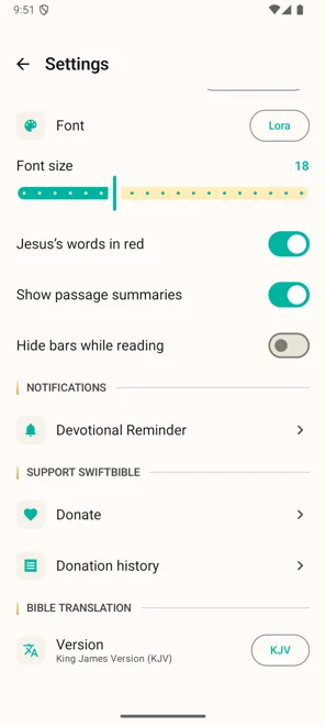 SwiftBible Android settings screen