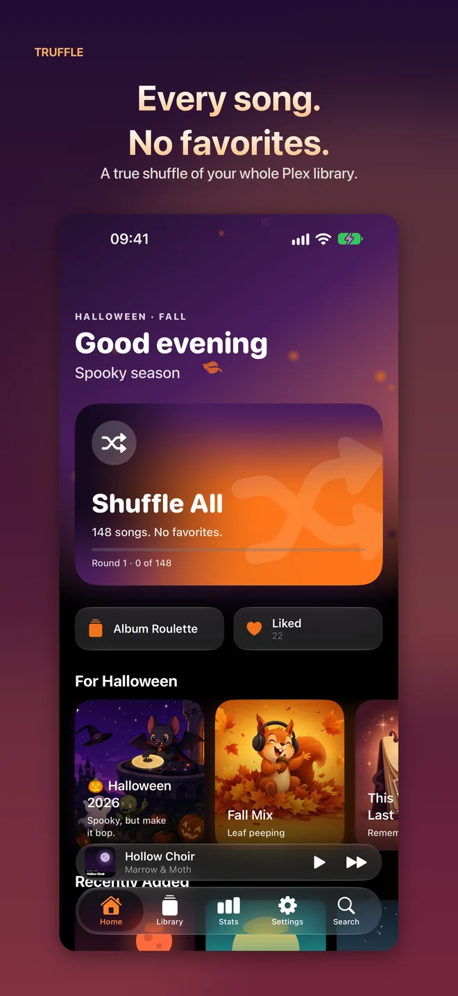 Home: Shuffle All, Liked and the season's mixes